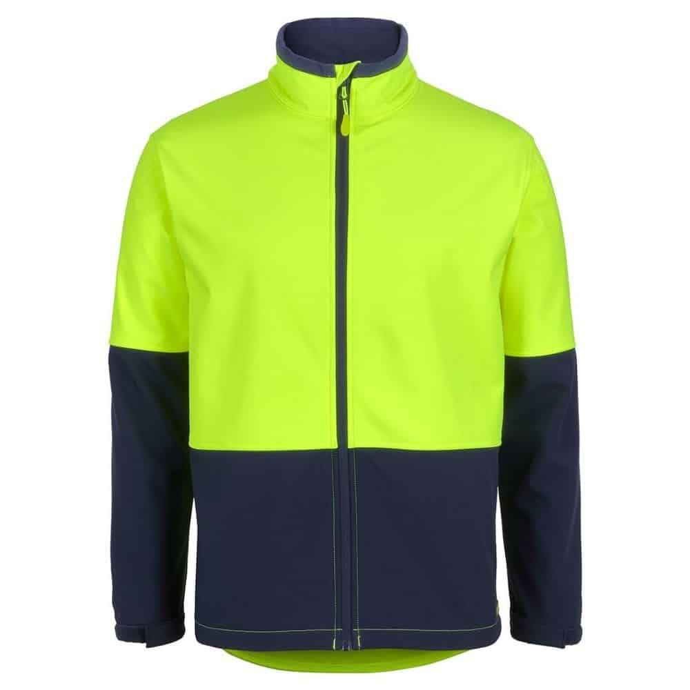 6HRJ_JB_HI-VIS-THREE-LAYER-SOFTSHELL-JACKET_Lime-Navy_Front