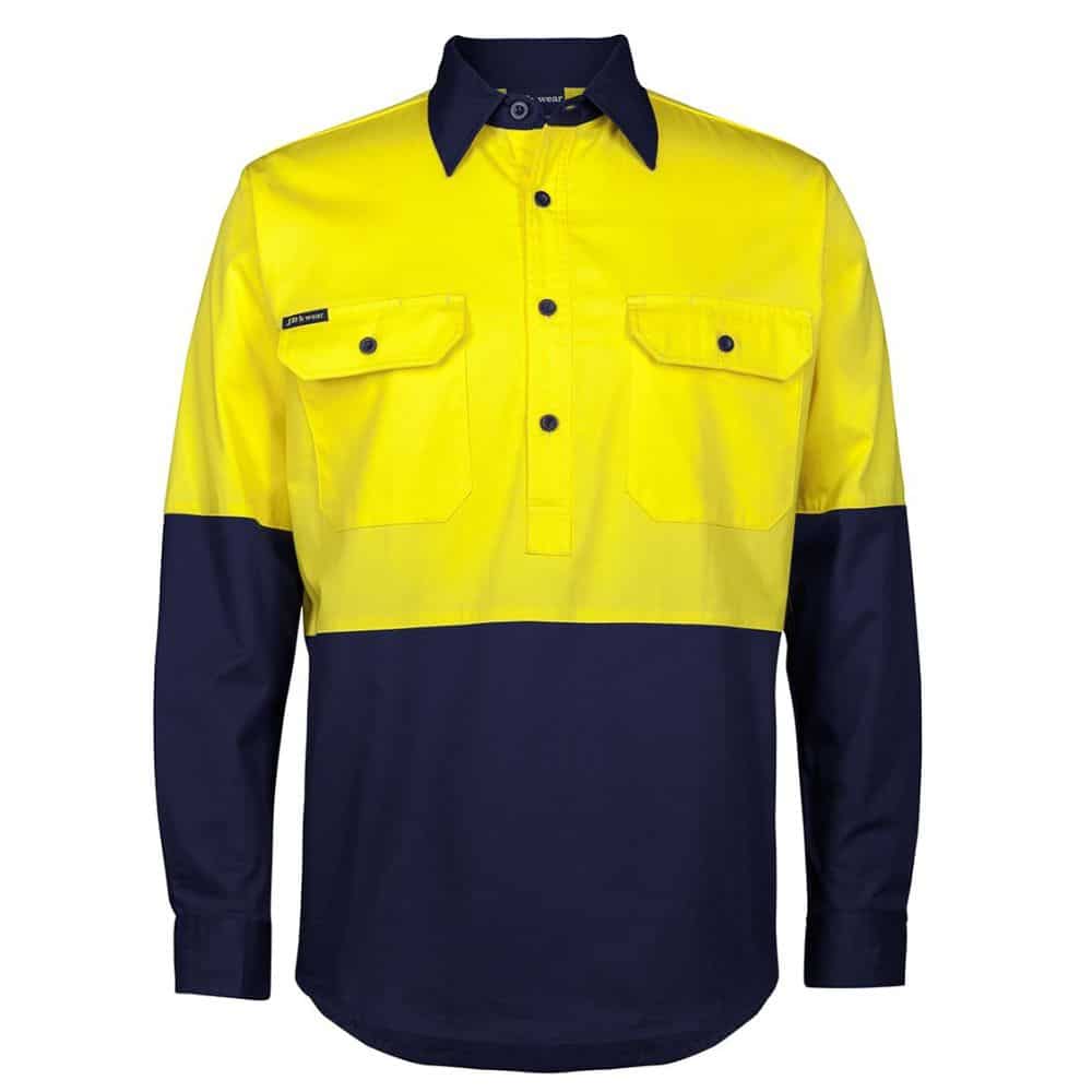 6HVCS_Hi-Vis-Close-Front-LS-150g-Work-Shirt_Yel-Navy_front
