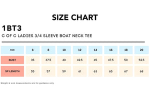 Size Chart_1BT3 C OF C LADIES 34 SLEEVE BOAT NECK TEE