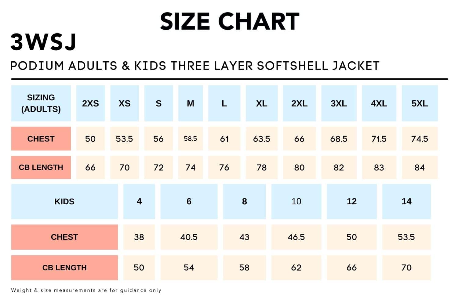 Size Chart_3WSJ_PODIUM ADULTS & KIDS THREE LAYER SOFTSHELL JACKET