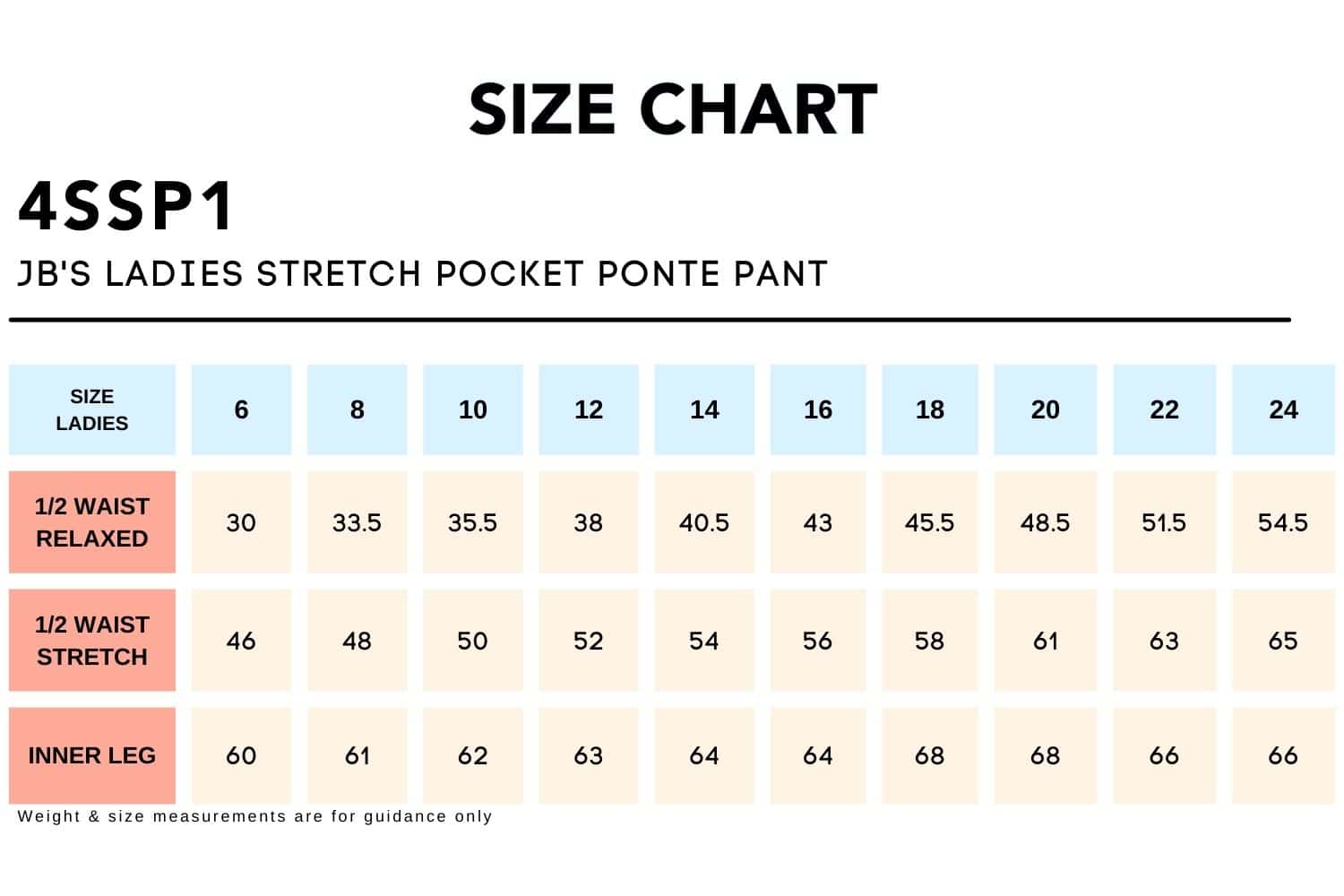 Size Chart_4SSP1 JB'S LADIES STRETCH POCKET PONTE PANT