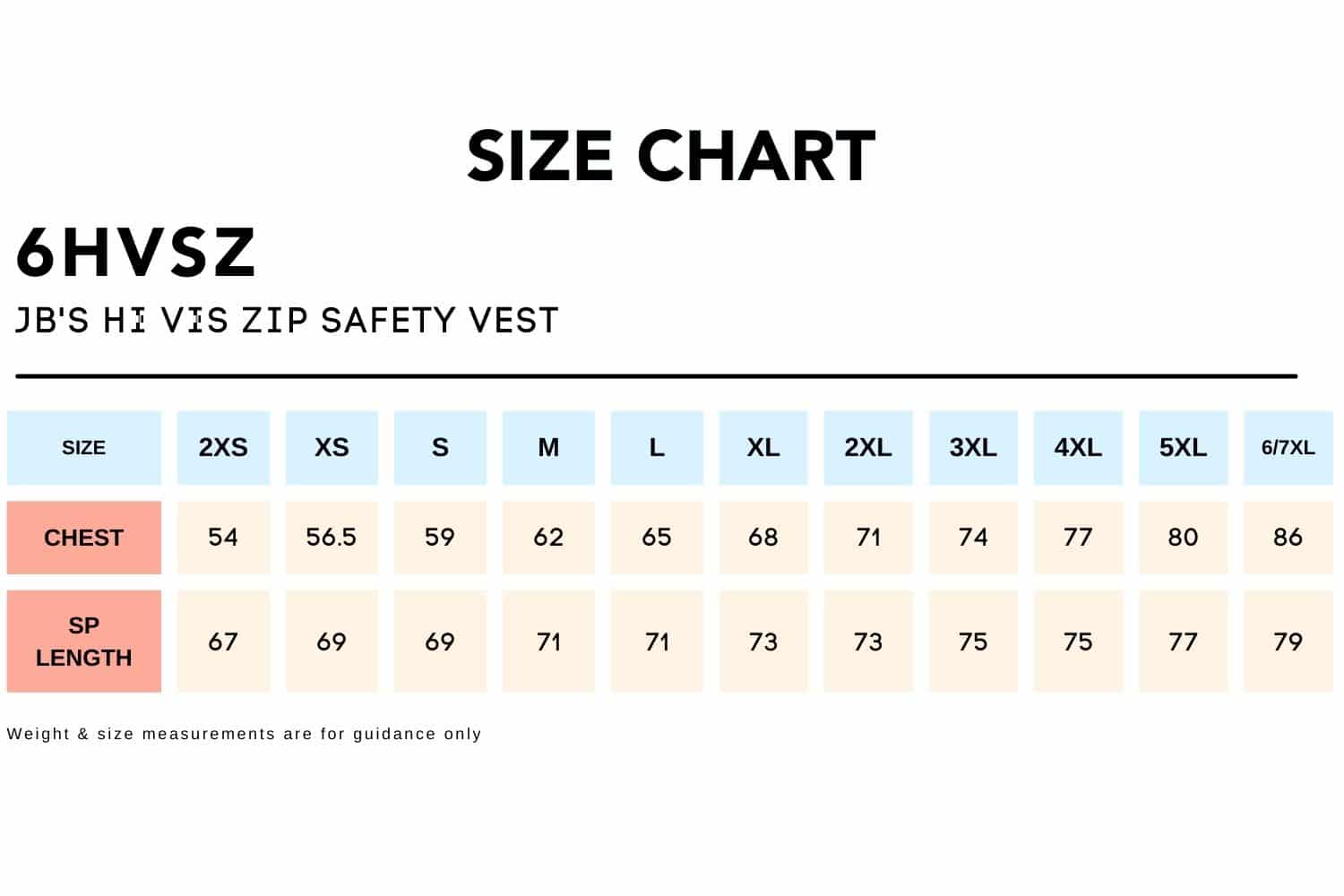 Size Chart_6HVSZ_JB'S HI VIS ZIP SAFETY VEST