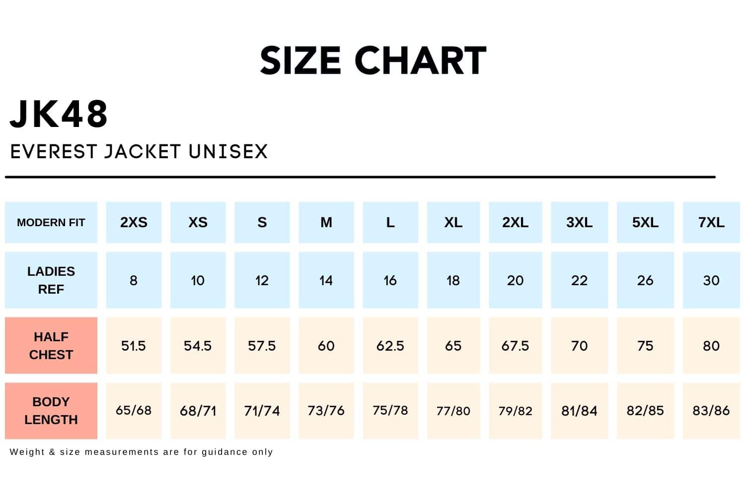 Size Chart_JK48_EVEREST JACKET UNISEX