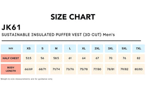 Size Chart_JK61 SUSTAINABLE INSULATED PUFFER VEST (3D CUT) Men's