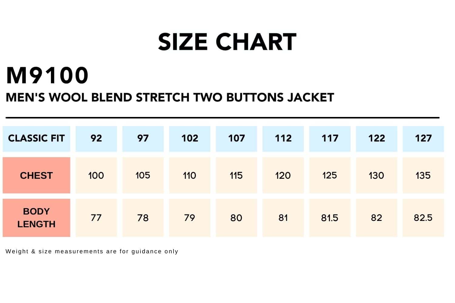 Size Chart_M9100 Men's Wool Blend Stretch Two Buttons Jacket