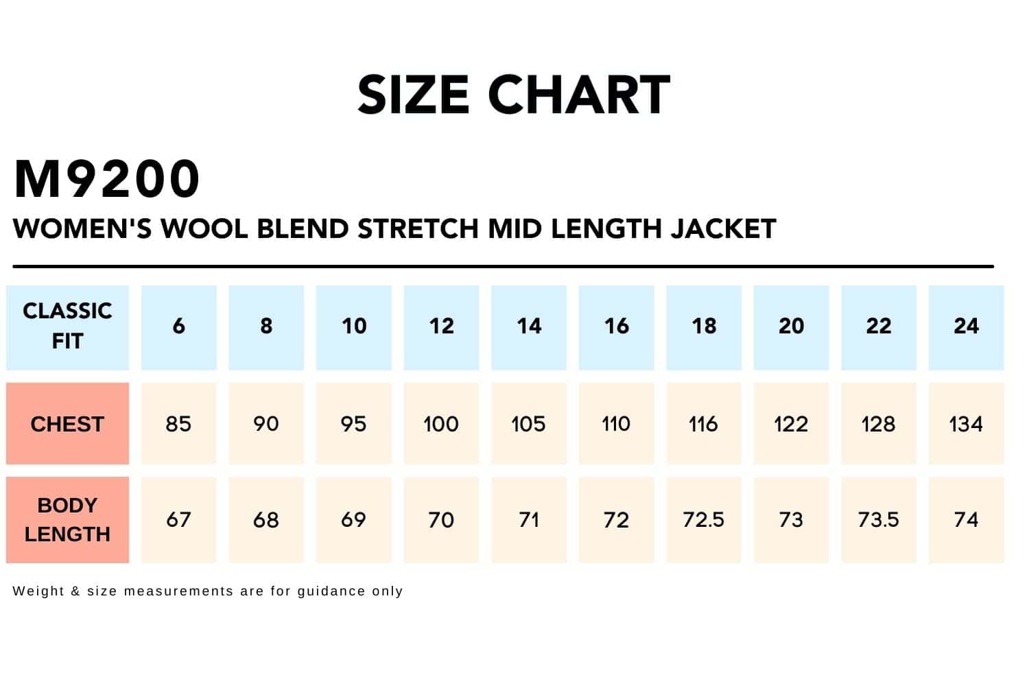 Size Chart_M9200 Women's Wool Blend Stretch Mid Length Jacket