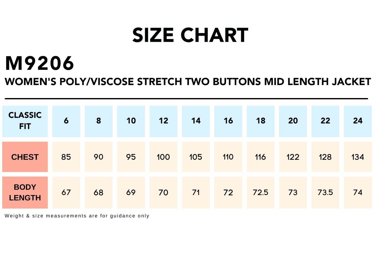 Size Chart_M9206 Women's PolyViscose Stretch Two Buttons Mid Length Jacket