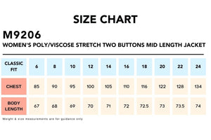 Size Chart_M9206 Women's PolyViscose Stretch Two Buttons Mid Length Jacket