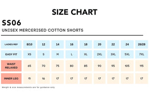 Size Chart_SS06_UNISEX MERCERISED COTTON SHORTS