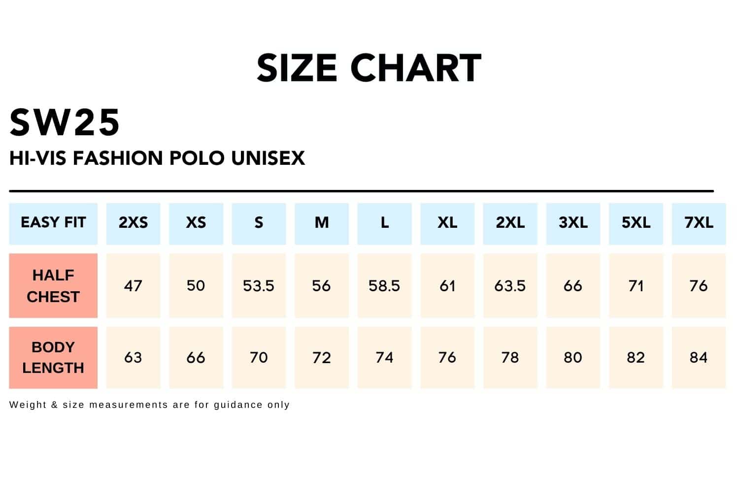 Size Chart_SSW25 HI-VIS FASHION POLO Unisex