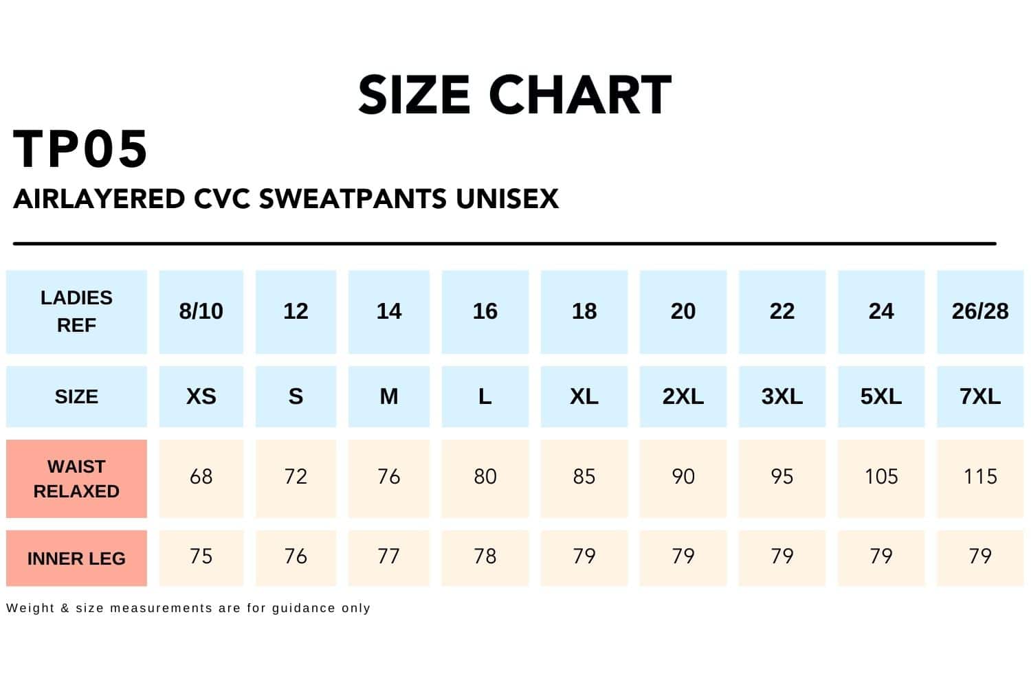 Size Chart_TP05 AIRLAYERED CVC SWEATPANTS Unisex