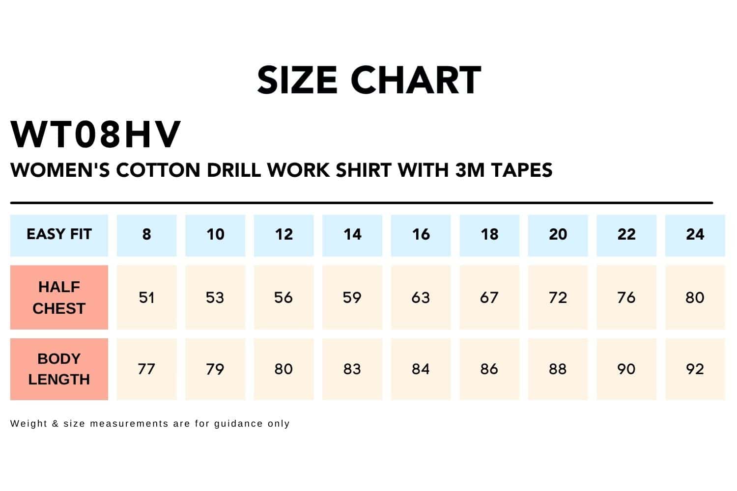 Size Chart_WT08HV WOMEN'S COTTON DRILL WORK SHIRT WITH 3M TAPES