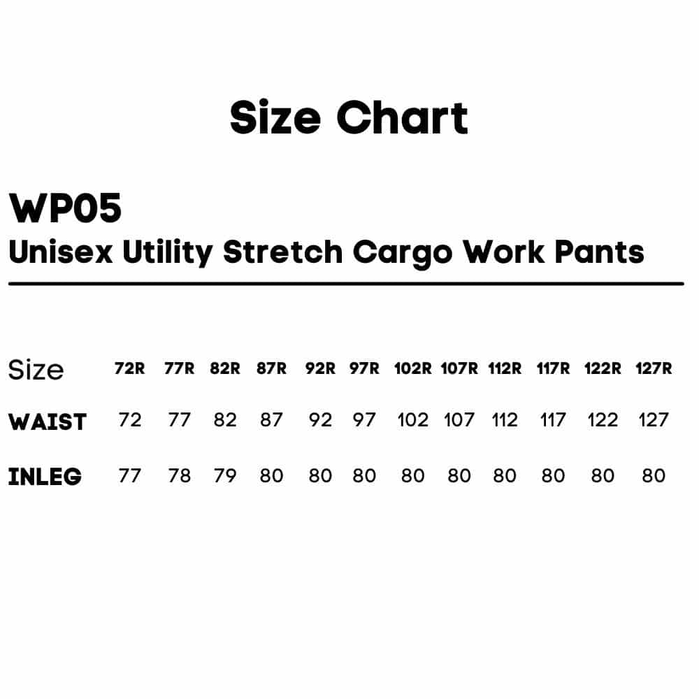WP05_WS_Unisex-Utility-Stretch-Cargo-Work-Pants_Size-Chart