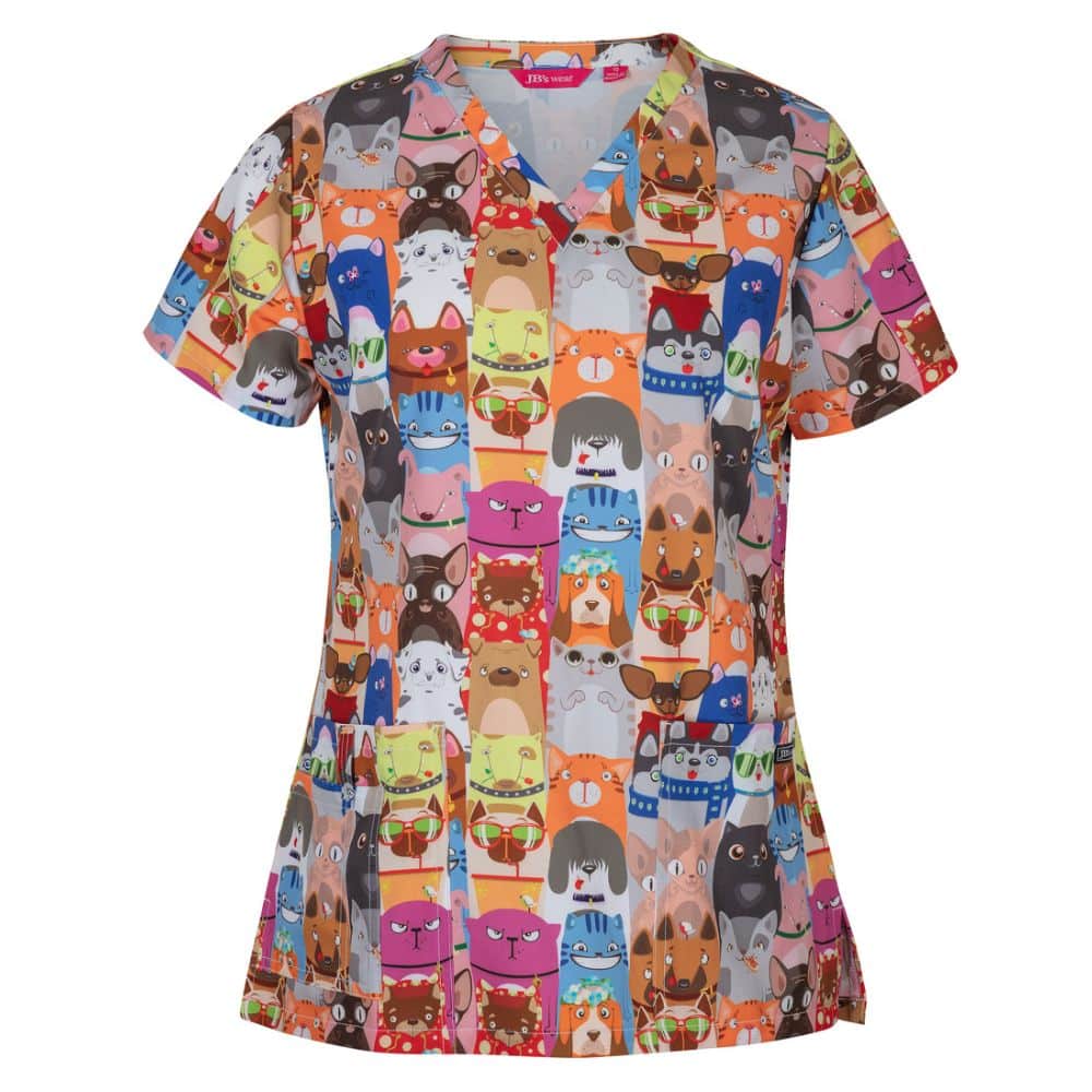 4STP1-JB'S LADIES SCRUB TOP PRINTED-Raining Cats and Dogs-front