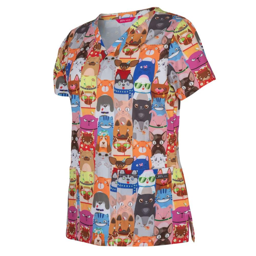 4STP1-JB'S LADIES SCRUB TOP PRINTED-Raining Cats and Dogs-side