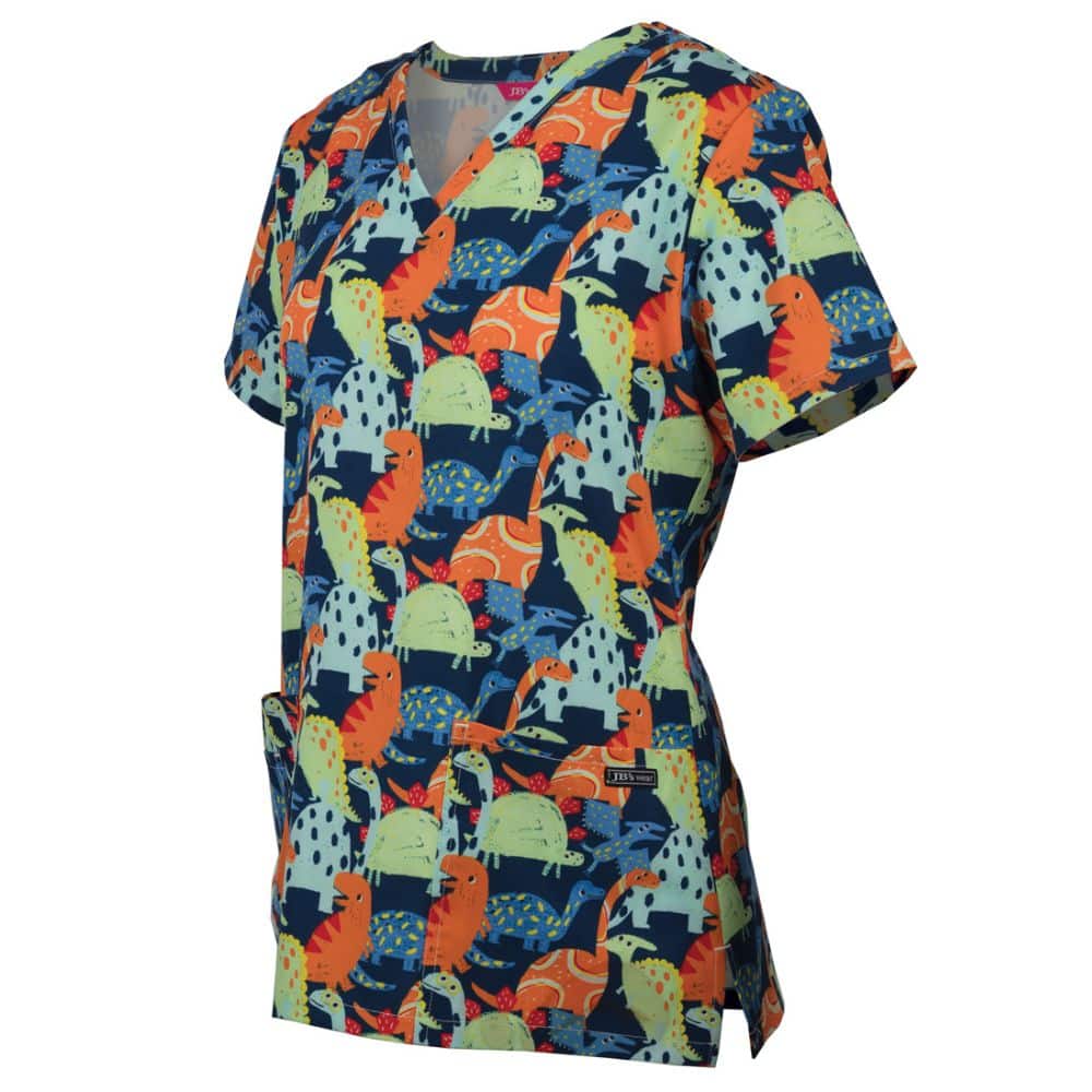 4STP1_JBs-LADIES-SCRUB-TOP-PRINTED_dino-side