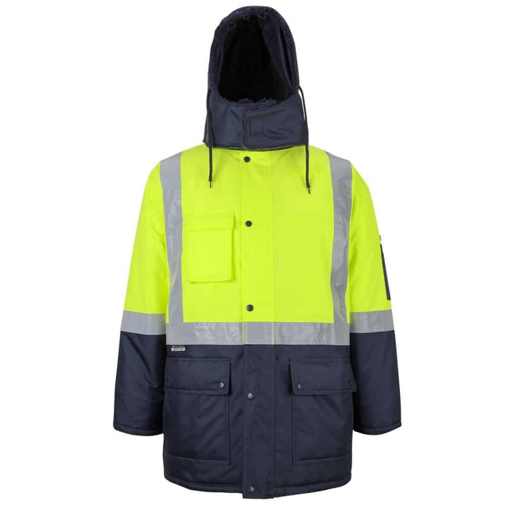 6DFJ_JB'S HI VIS (D+N) FREEZER JACKET_Lime Navy-front with hood