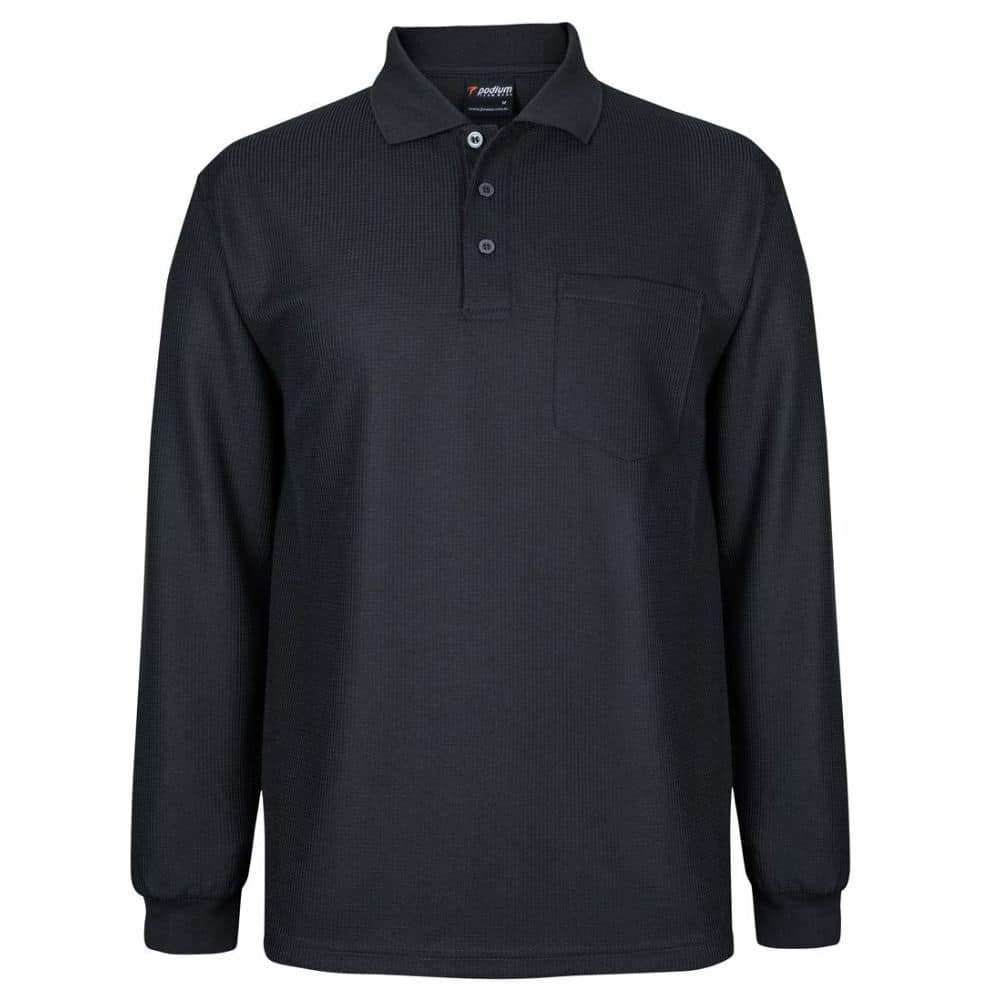 7WPL_PODIUM LS WAFFLE POCKET POLO-Black