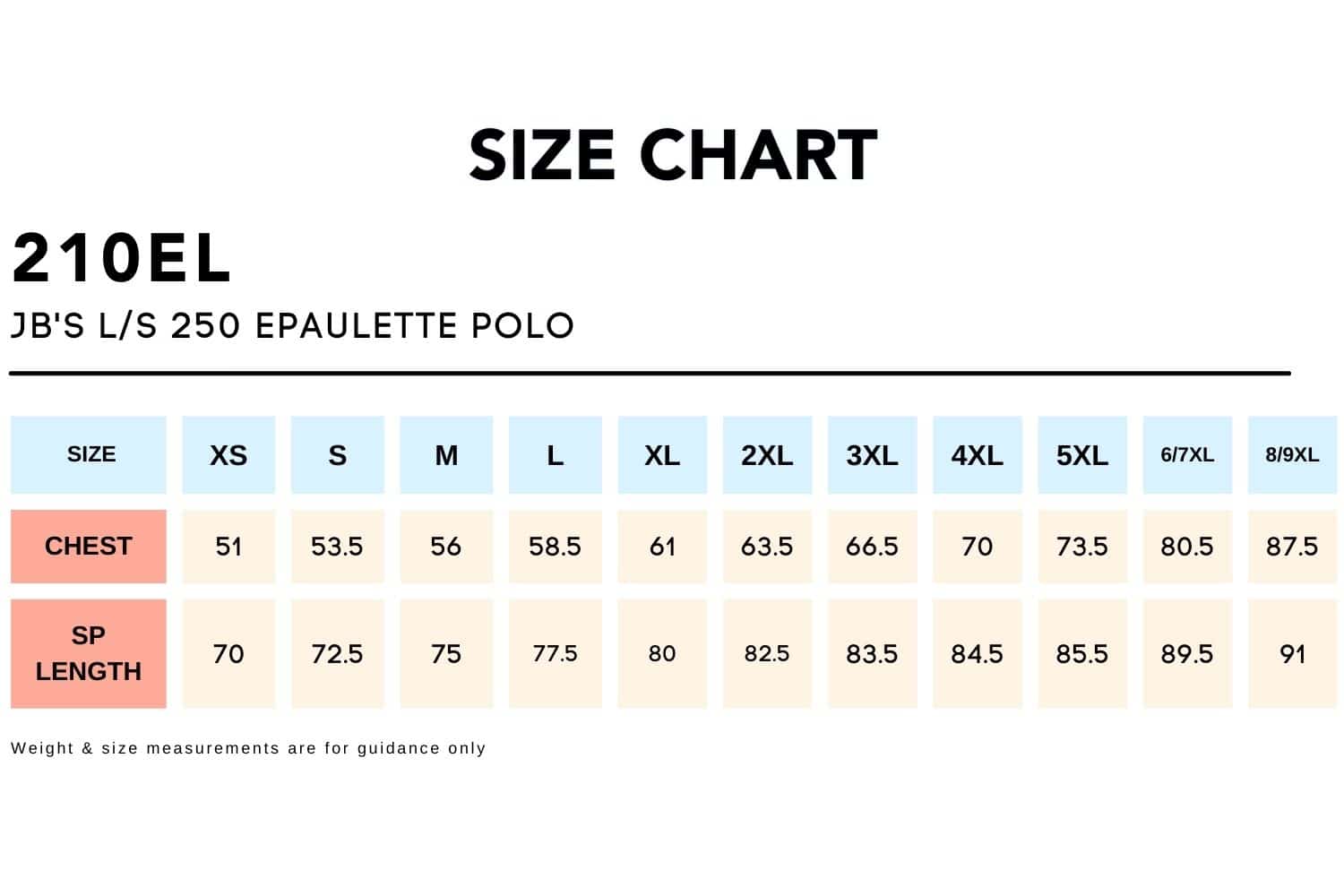 Size Chart_210EL JB'S LS 250 EPAULETTE POLO