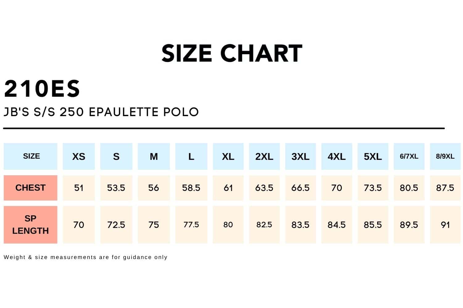 Size Chart_210ES_JB'S SS 250 EPAULETTE POLO