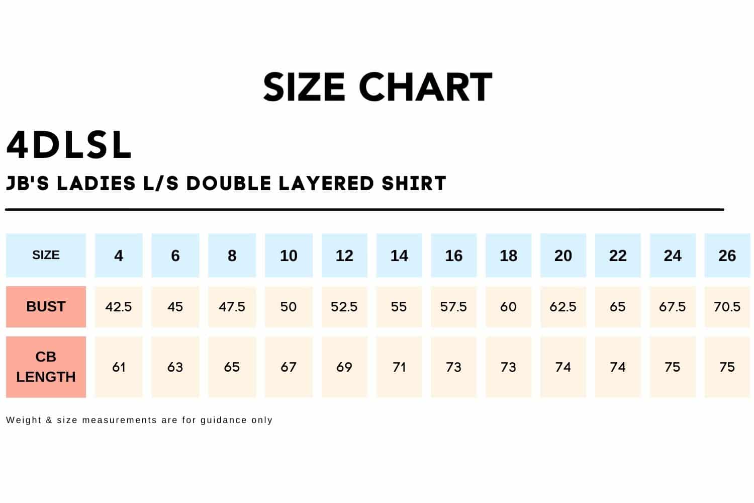 Size Chart_4DLSL -JB'S LADIES LS DOUBLE LAYERED SHIRT