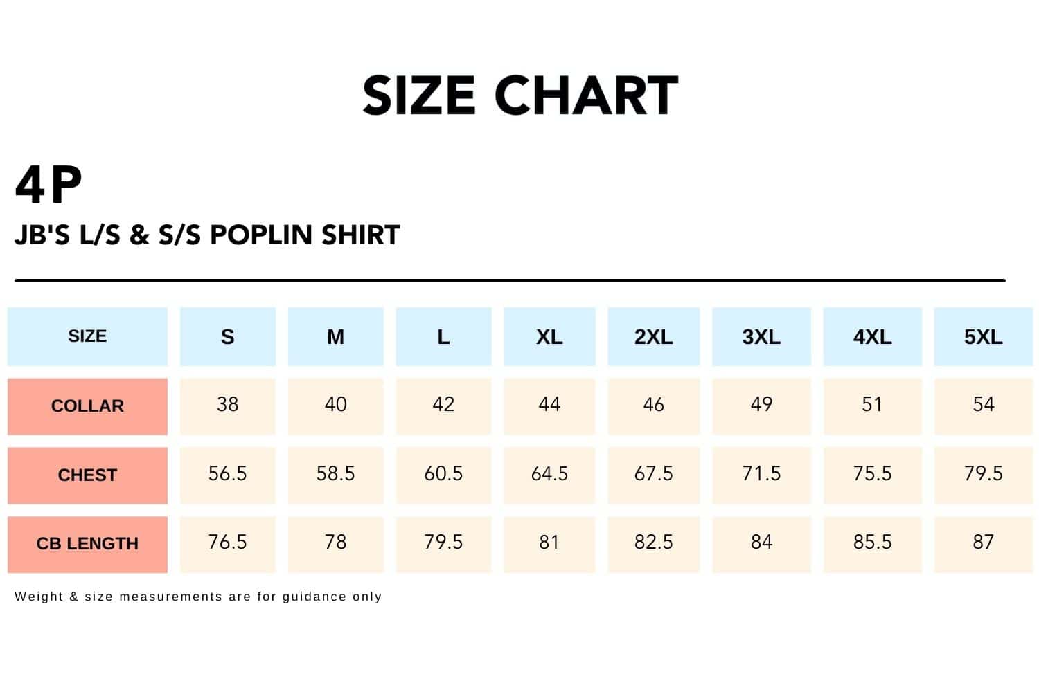 Size Chart_4P JB'S LS & SS POPLIN SHIRT