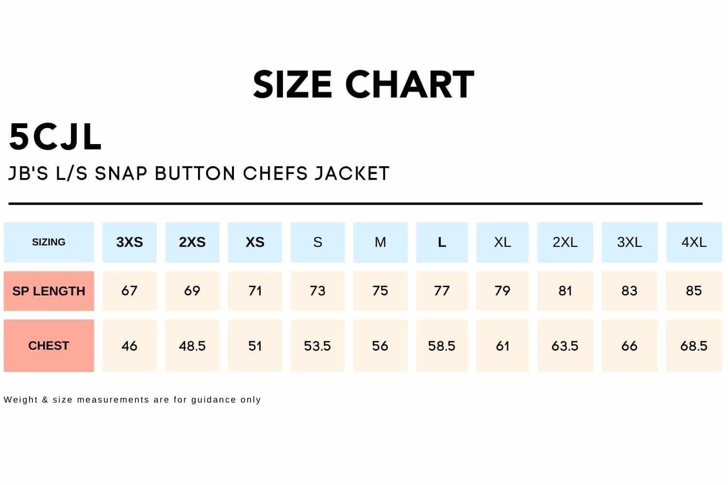 Size Chart_5CJL JB'S LS SNAP BUTTON CHEFS JACKET