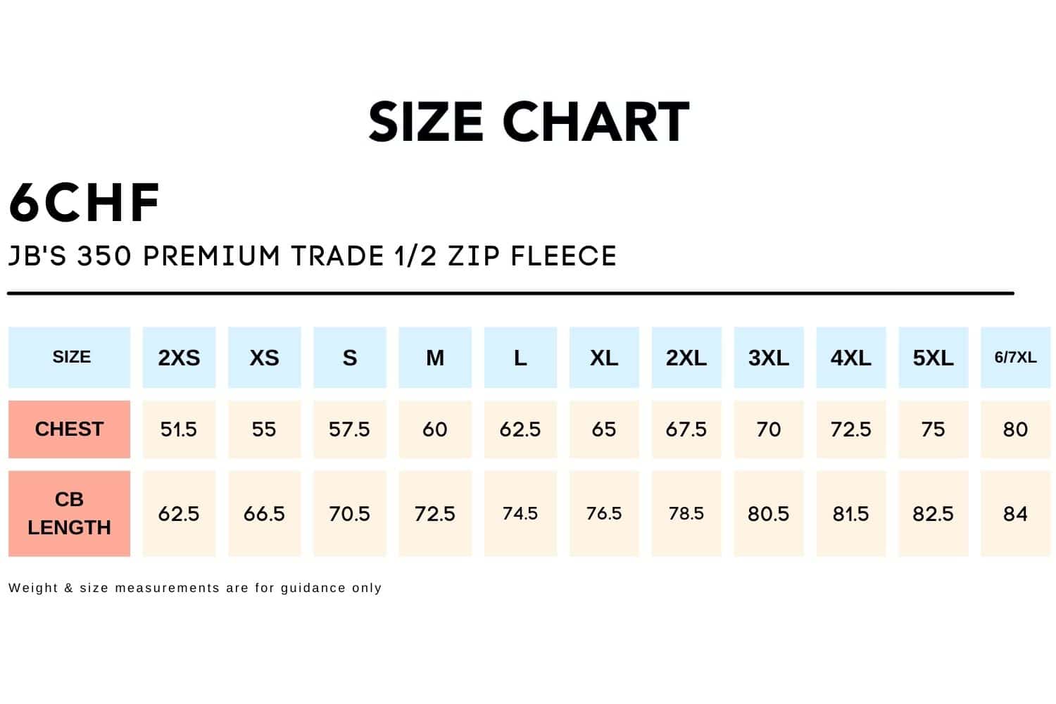 Size Chart_6CHF-JB'S 350 PREMIUM TRADE 12 ZIP FLEECE