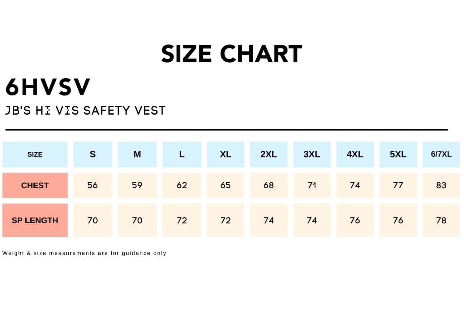 Size Chart_6HVSV_JB'S HI VIS SAFETY VEST