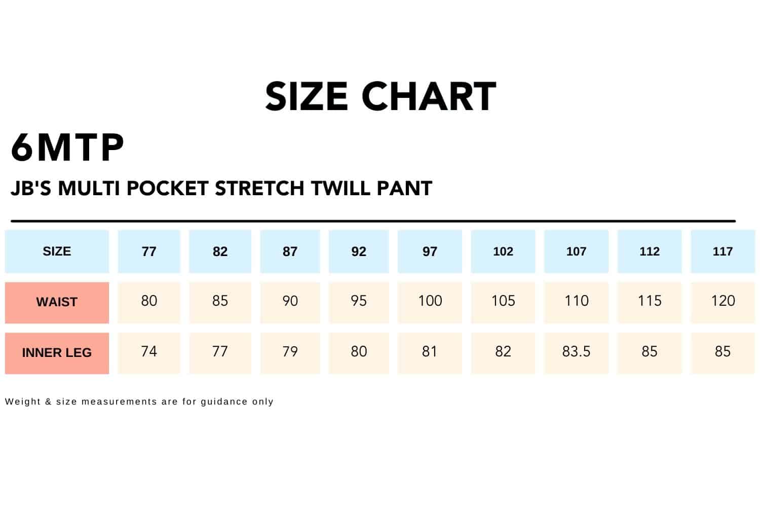Size Chart_6MTP JB'S MULTI POCKET STRETCH TWILL PANT