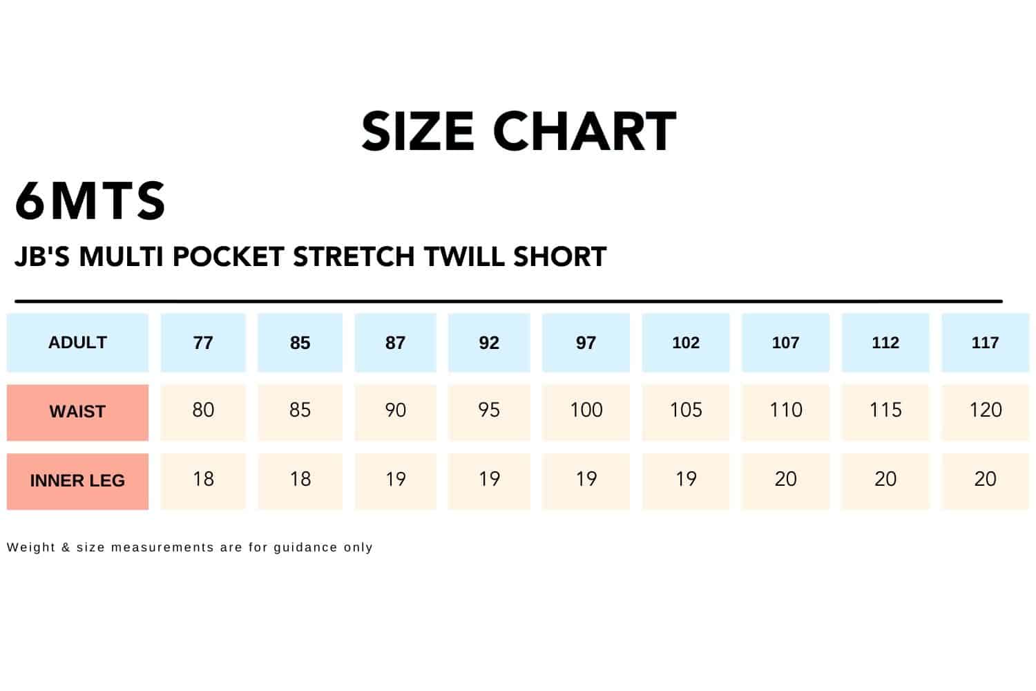 Size Chart_6MTS_JB'S MULTI POCKET STRETCH TWILL SHORT