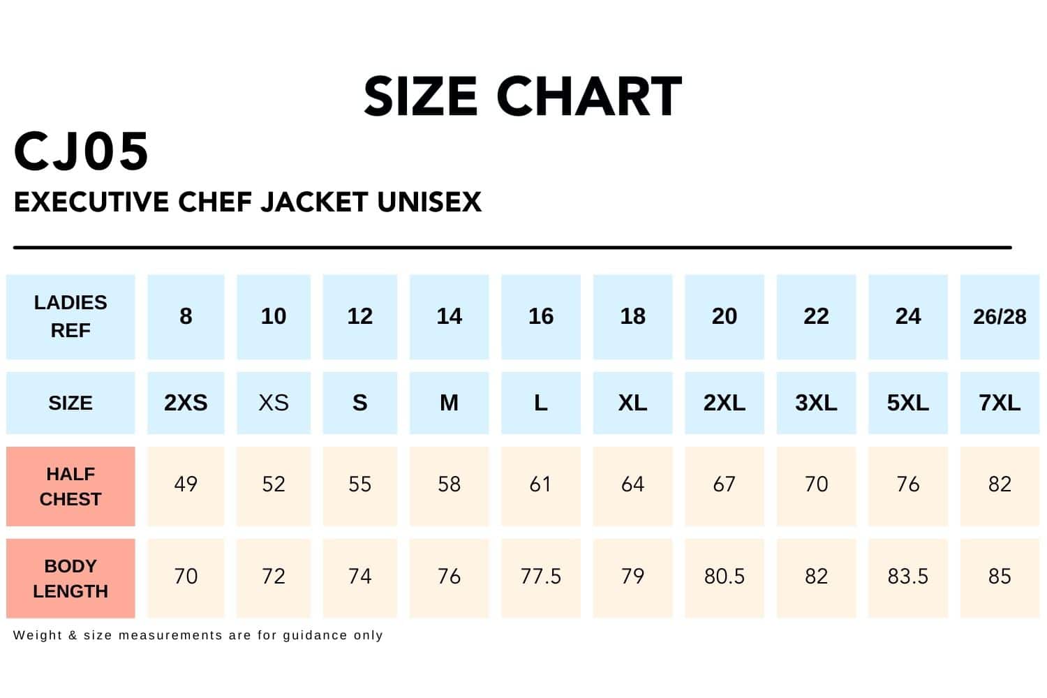 Size Chart_CJ05 EXECUTIVE CHEF JACKET Unisex