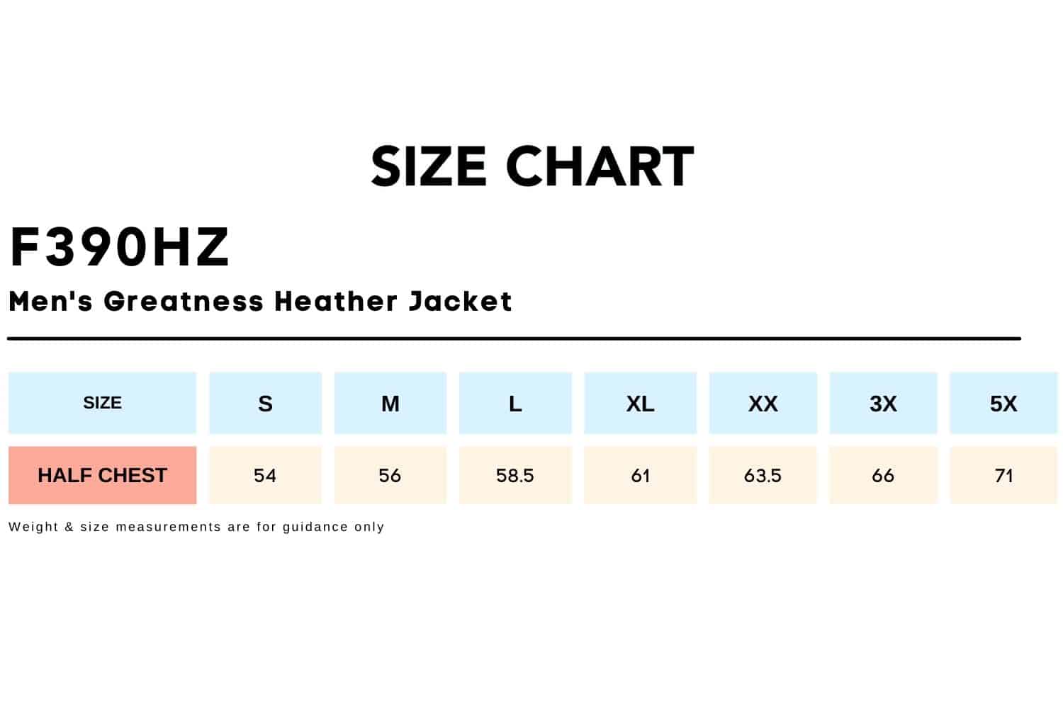 Size Chart_F390HZ - Men's Greatness Heather Jacket