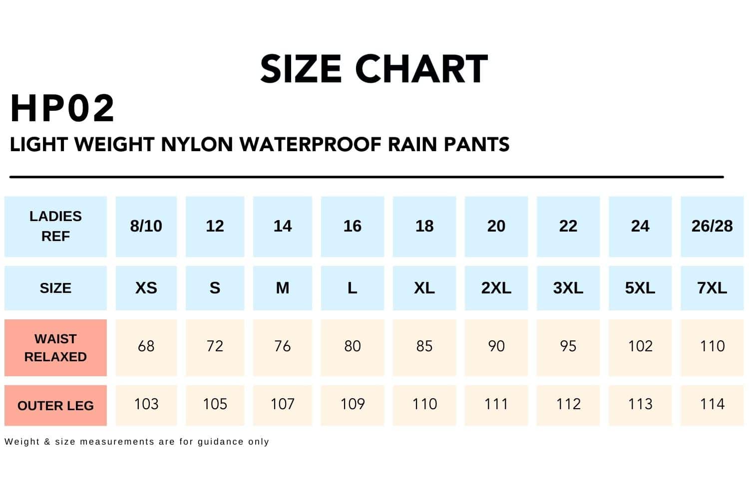 Size Chart_HP02 LIGHT WEIGHT NYLON WATERPROOF RAIN PANTS