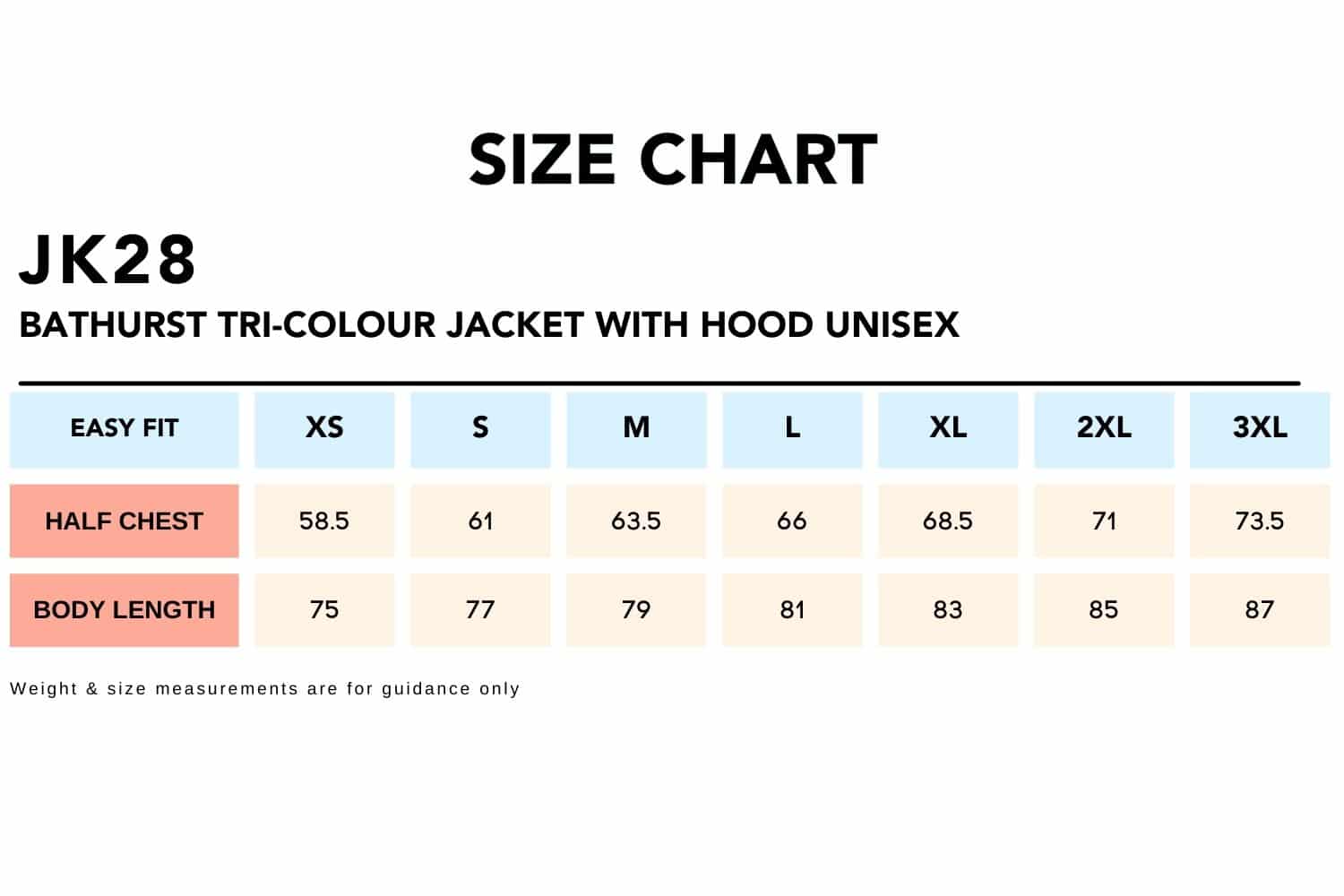 Size-Chart_JK28-BATHURST-Tri-Colour-Jacket-With-Hood-Unisex