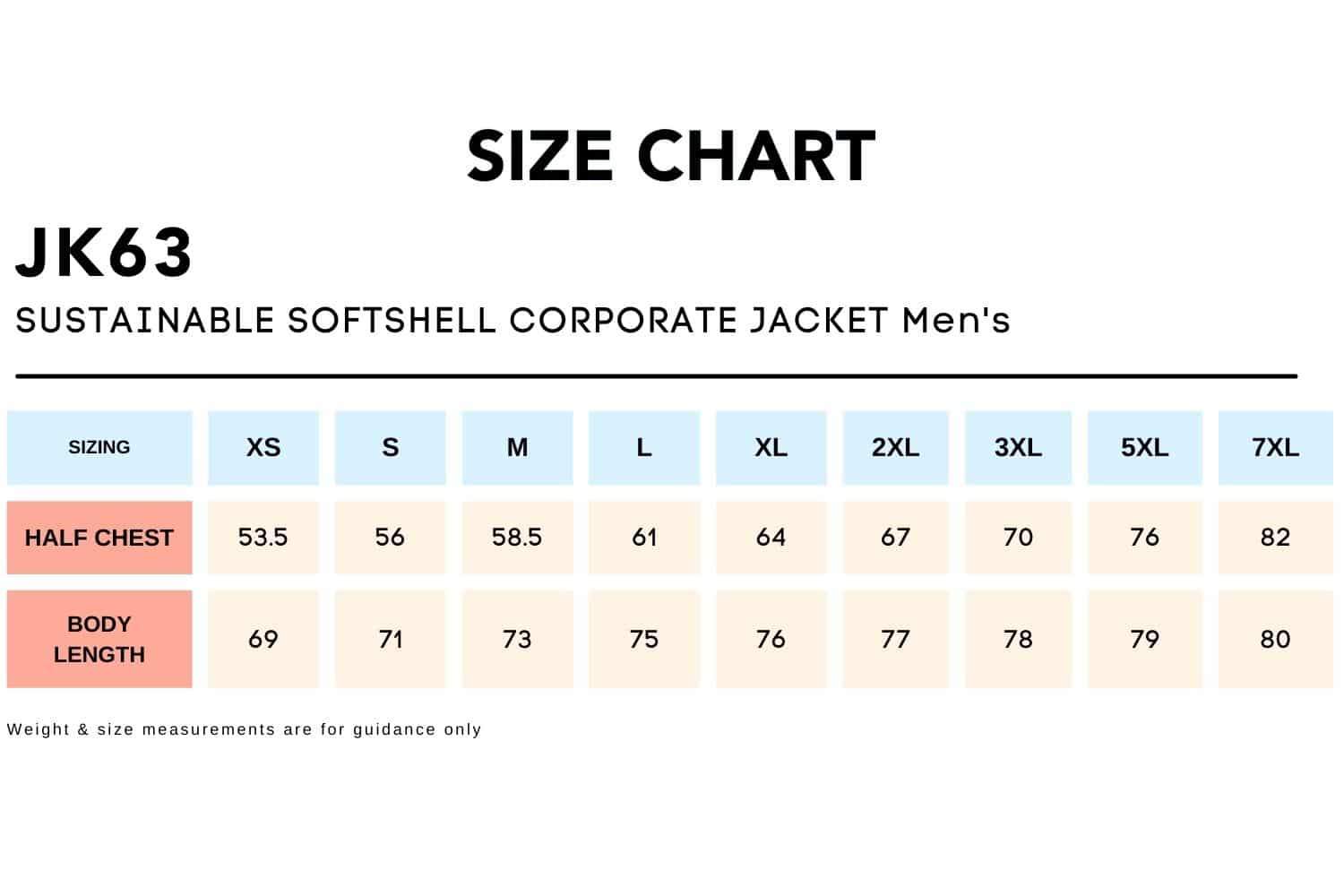 Size Chart_JK63 SUSTAINABLE SOFTSHELL CORPORATE JACKET Men's