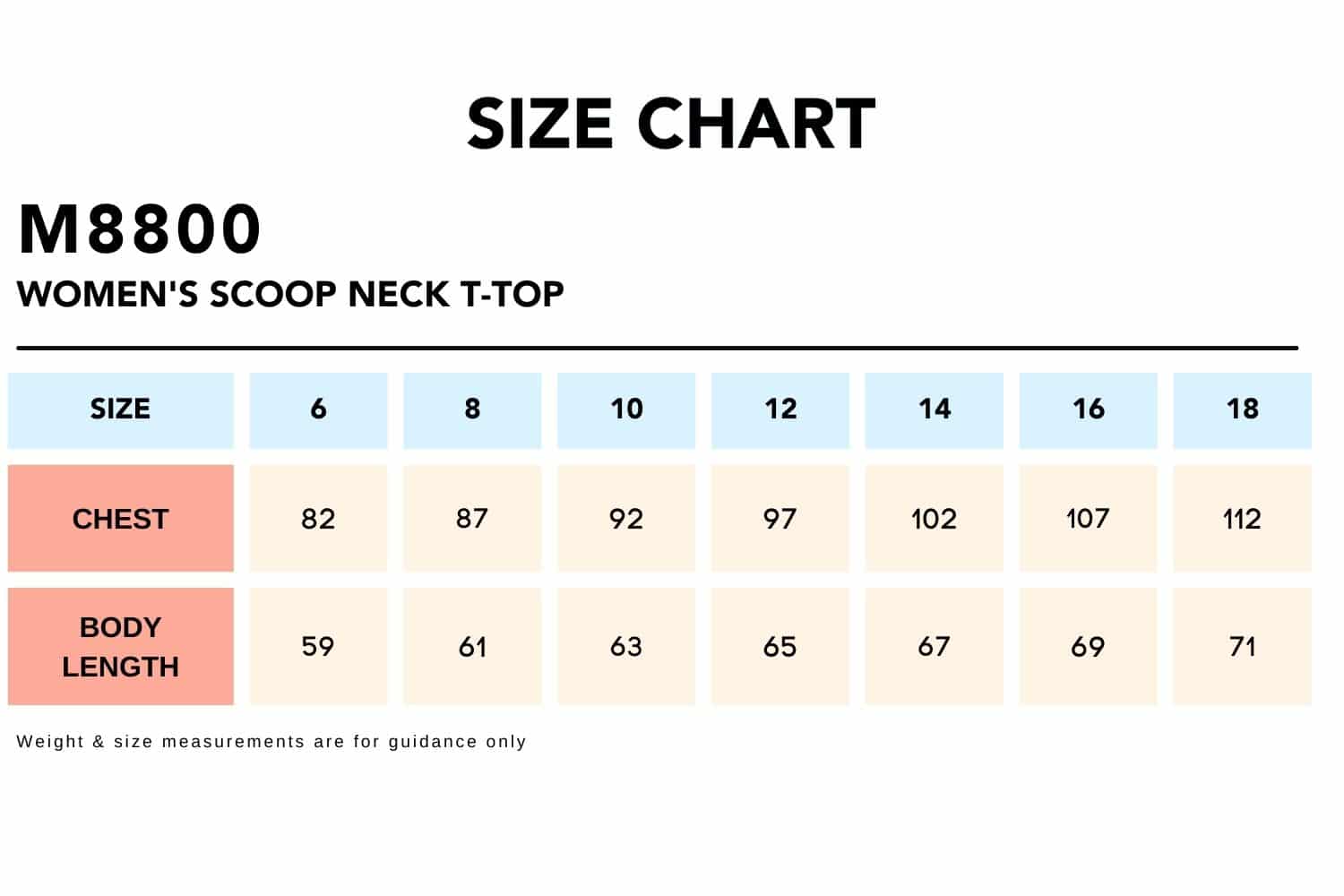 Size Chart_M8800 Women's Scoop Neck T-Top