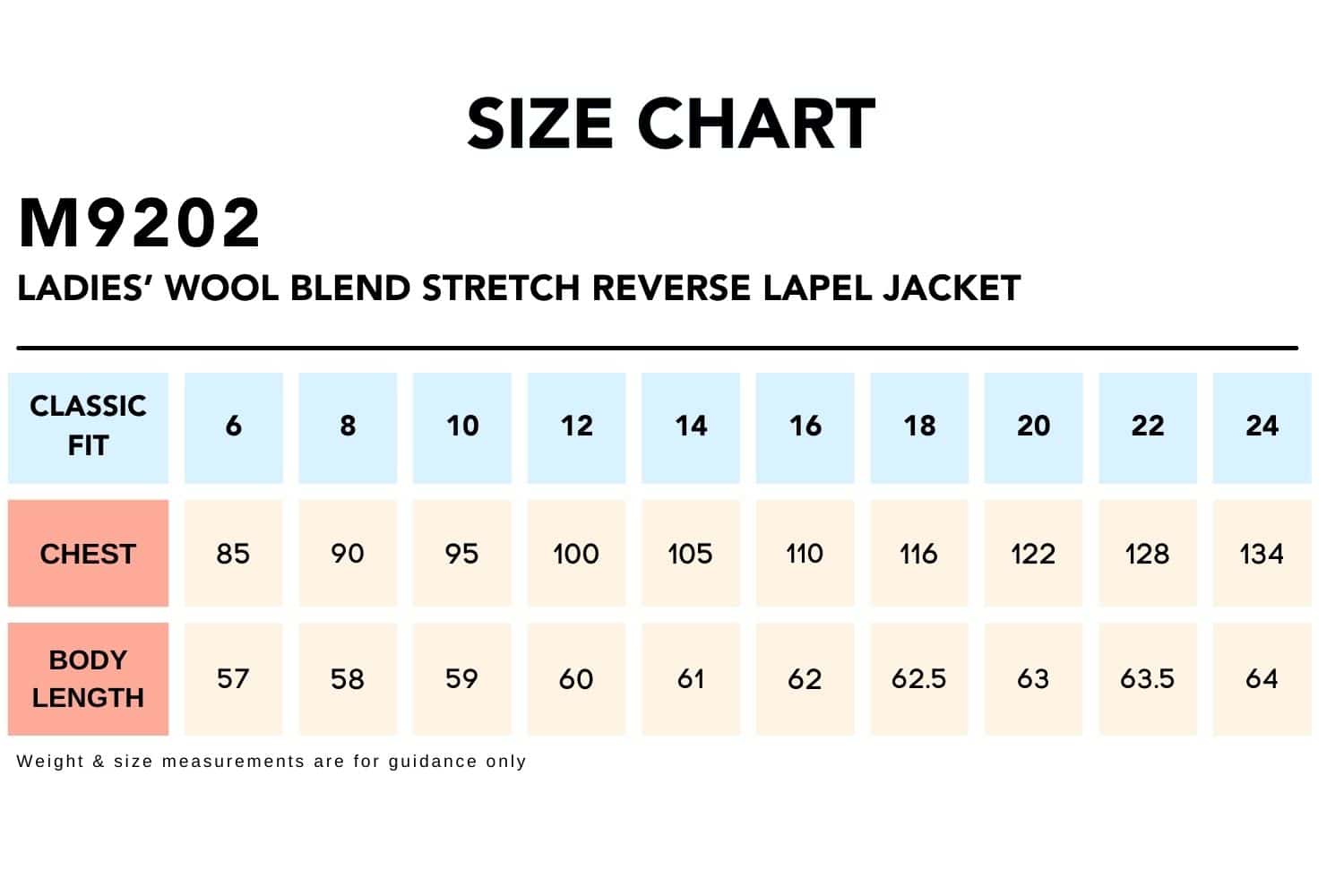 Size Chart_M9202 Ladies’ Wool Blend Stretch Reverse Lapel Jacket