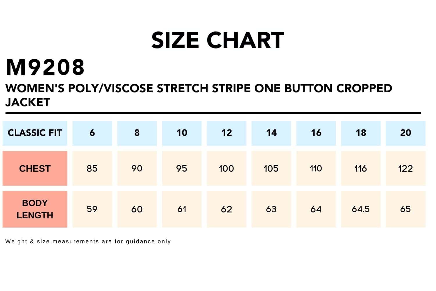 Size Chart_M9208 Women's PolyViscose Stretch Stripe One Button Cropped Jacket