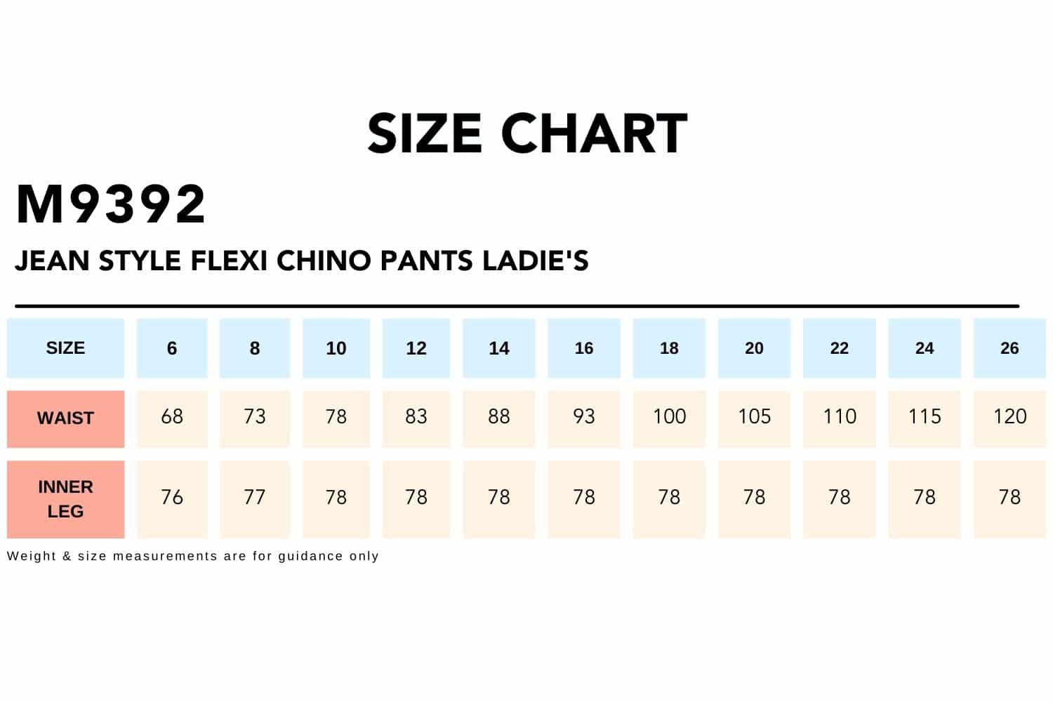 Size Chart_M9392 JEAN STYLE FLEXI CHINO PANTS Ladie's