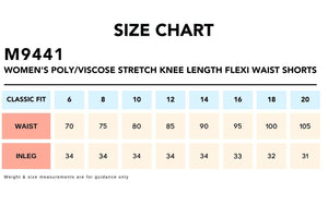 Size Chart_M9441 Women's PolyViscose Stretch Knee Length Flexi Waist Shorts