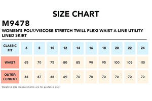 Size Chart_M9478 Women's PolyViscose Stretch Twill Flexi Waist A-Line Utility Lined Skirt