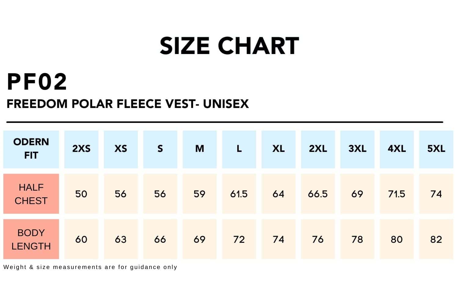 Size-Chart_PF02-FREEDOM-Polar-Fleece-Vest-Unisex