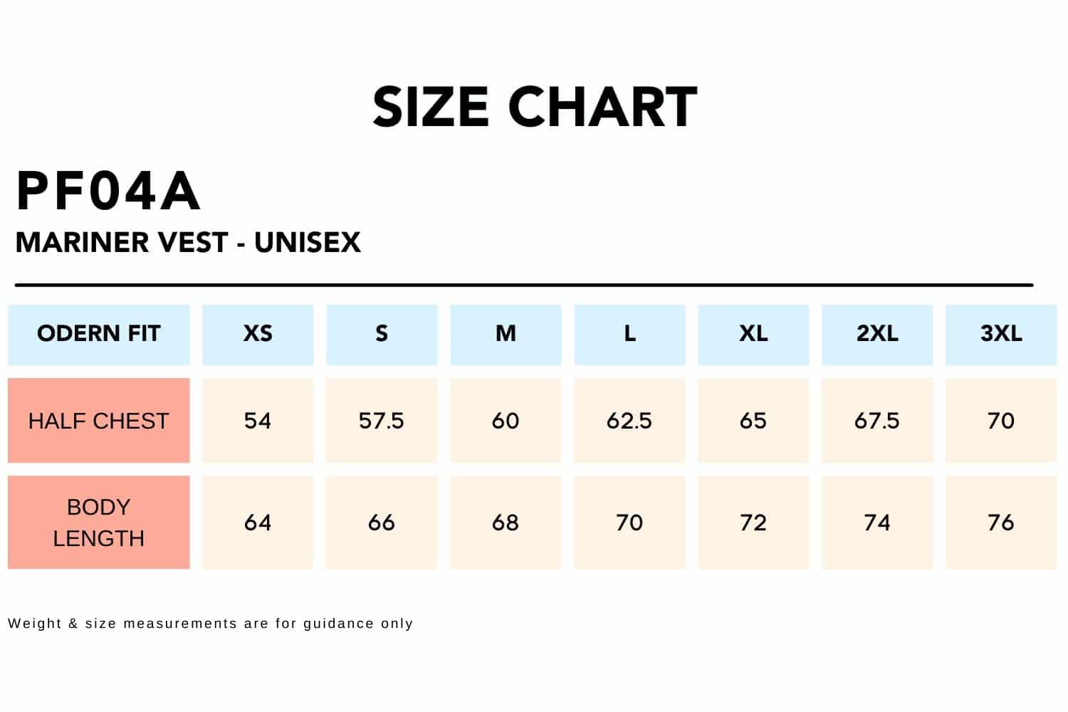 Size-Chart_PF04A-MARINER-Vest-Unisex