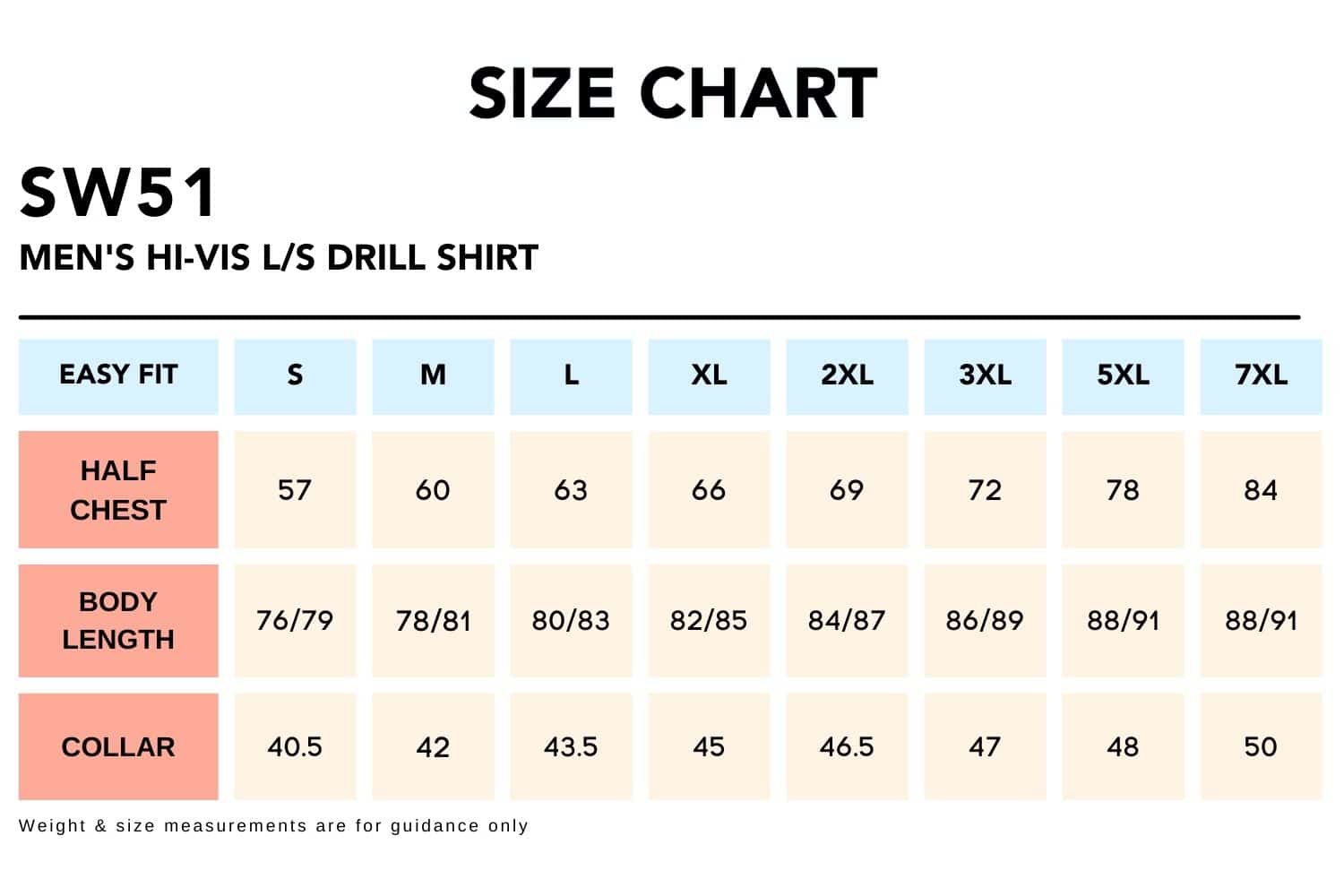 Size Chart_SW51 MEN'S HI-VIS LS DRILL SHIRT