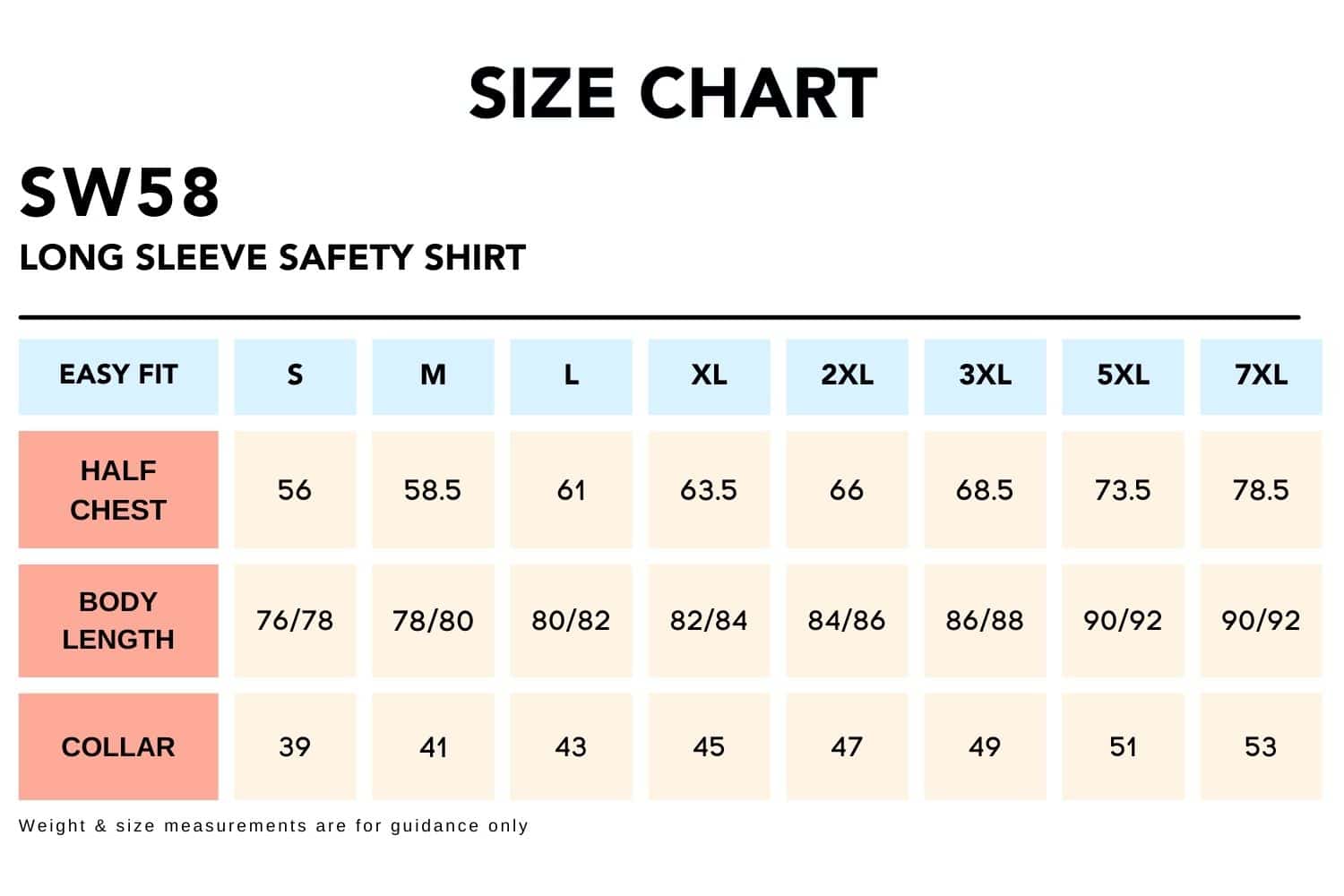 Size Chart_SW58 LONG SLEEVE SAFETY SHIRT