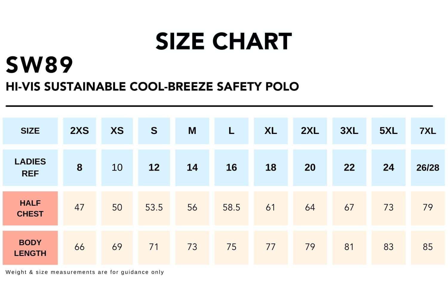 Size Chart_SW89 HI-VIS SUSTAINABLE COOL-BREEZE SAFETY POLO