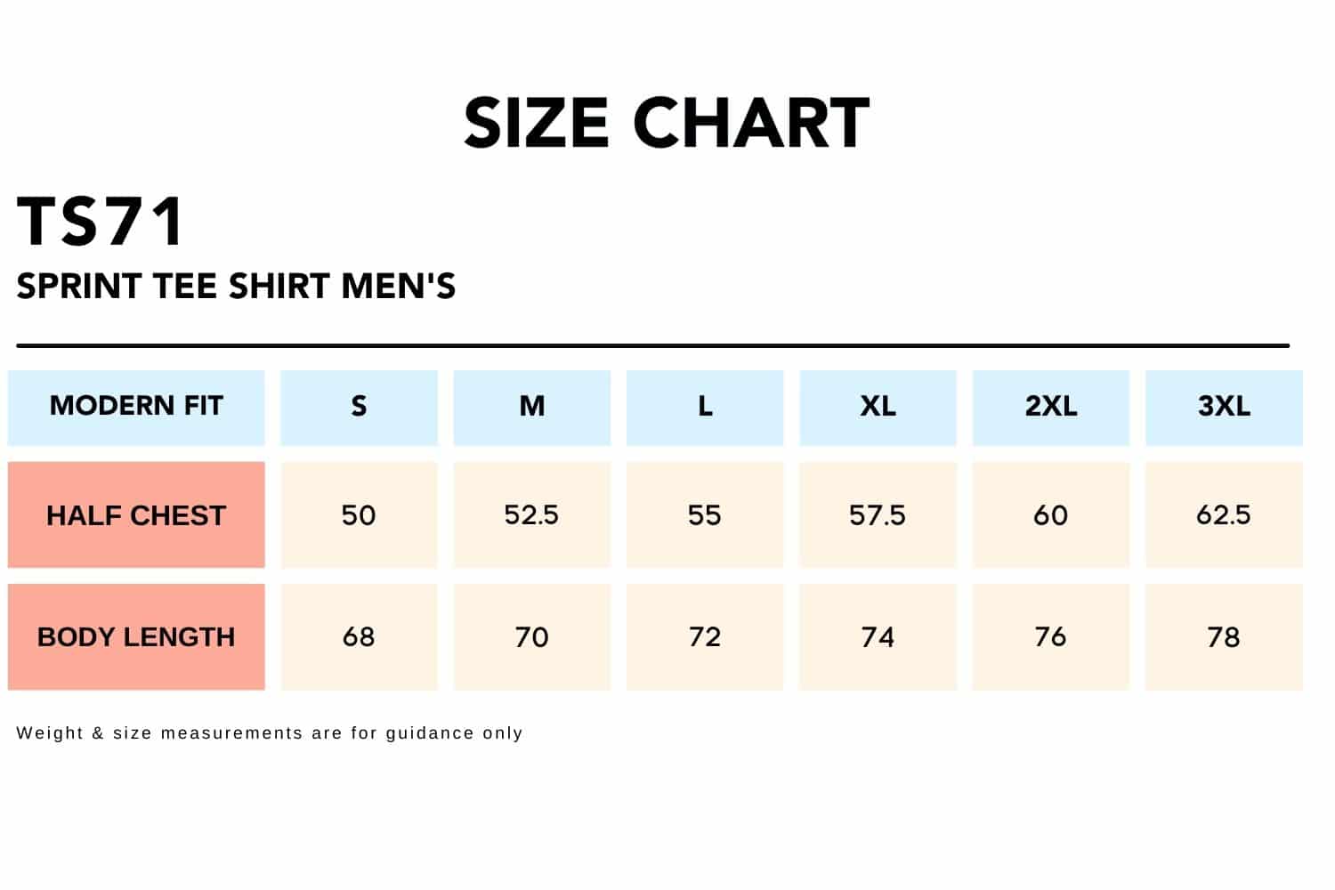 Size Chart_TS71 SPRINT TEE SHIRT Men's