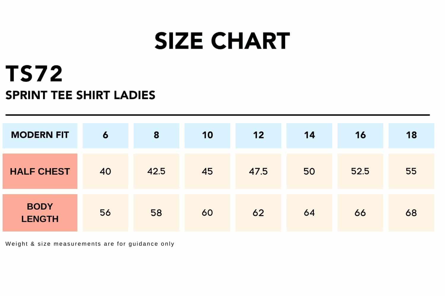 Size Chart_TS72 SPRINT TEE SHIRT Ladies
