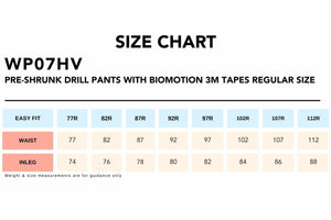 Size Chart_WP07HV PRE-SHRUNK DRILL PANTS WITH BIOMOTION 3M TAPES Regular Size